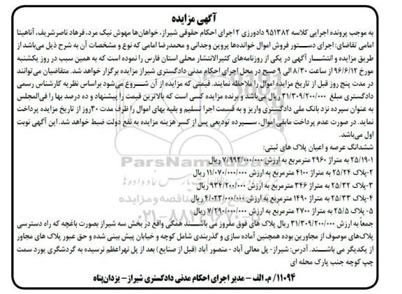 مزایده,مزایده ششدانگ عرصه و اعیان پلاکهای ثبتی