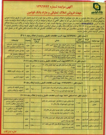 مزایده فروش تعدادی از املاک تملیکی و مازاد بر نیاز 