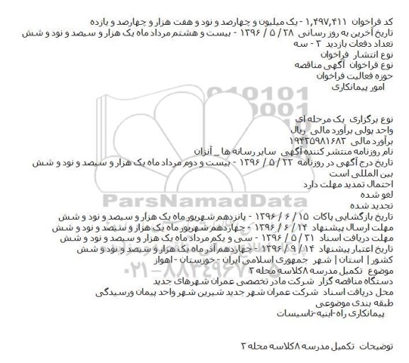 مناقصه تکمیل مدرسه 8 کلاسه محله 3