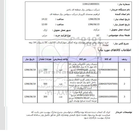 استعلام, استعلام خرید ترمینال ریلی جریانی و ولتاژی