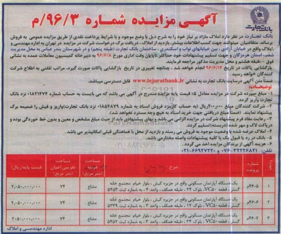 مزایده,مزایده فروش سه دستگاه آپارتمان مسکونی عرصه مشاع