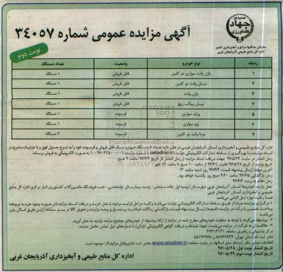 آگهی مزایده عمومی,مزایده تعداد 8 دستگاه خودرو سبک قابل فروش و فرسوده - نوبت دوم