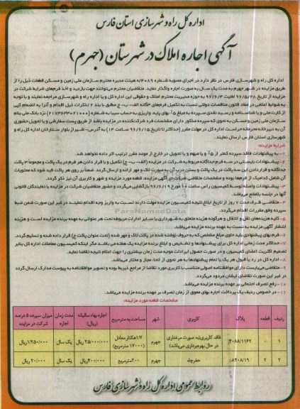 مزایده، مزایده اجاره املاک در شهرستان جهرم