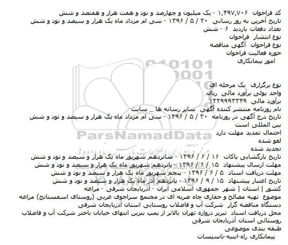 فراخوان مناقصه , فراخوان مناقصه تهیه مصالح و حفاری چاه ضربه ای 