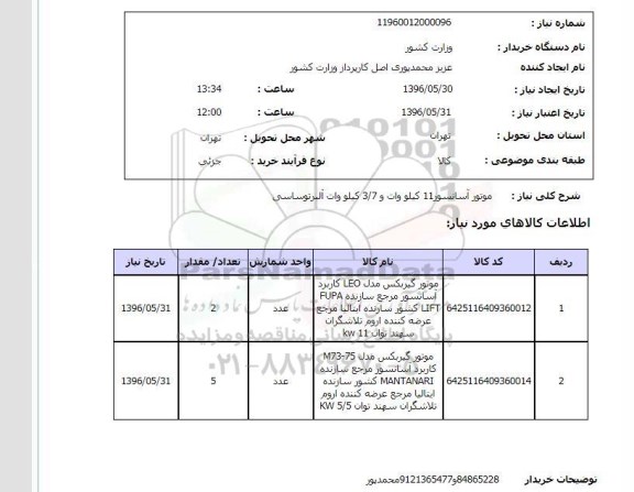 استعلام, استعلام موتور آسانسور 11 کیلووات و 3/7 کیلووات آلبرتوساسی 