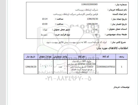 استعلام , استعلام ماژول SFP تجهیزان شبکه 96.5.30