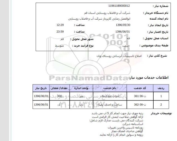 استعلام, استعلام اصلاح تاسیسات آبرسانی روستای ونان