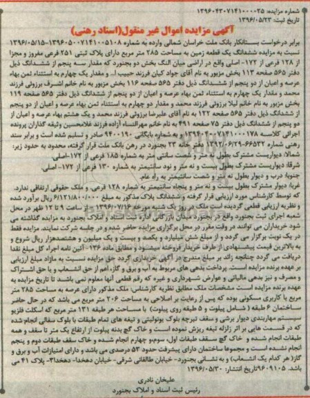 مزایده,مزایده ششدانگ زمین مساحت 285مترمربع