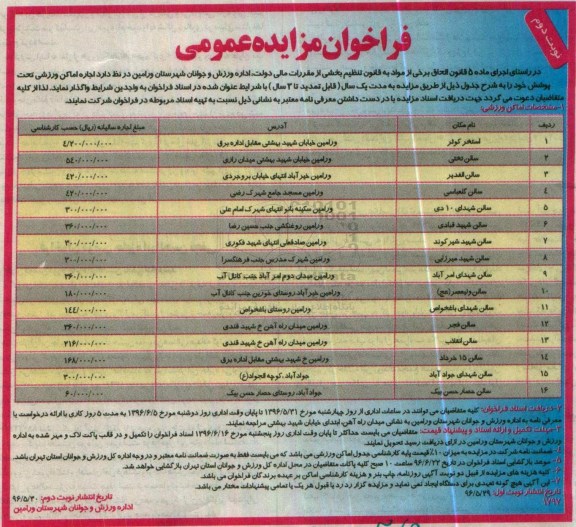 فراخوان مزایده عمومی , فراخوان مزایده اجاره اماکن ورزشی نوبت دوم 