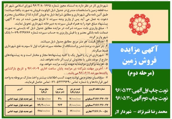 مزایده ,مزایده سه قطعه زمین 310-264-780متر نوبت دوم 