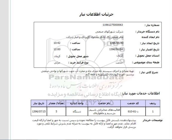 استعلام تهیه مصالح و اجرای سیستم تله متری چاه