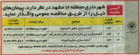 آگهی مناقصه , مناقصه آماده سازی معابر ناحیه 1 و 2 ... 96/5/31