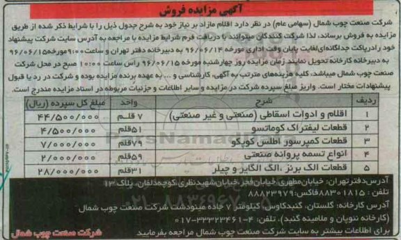مزایده اقلام و ادوات اسقاطی