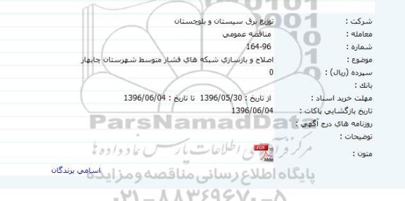 مناقصه اصلاح و بازسازی شبکه های فشار متوسط شهرستان چابهار