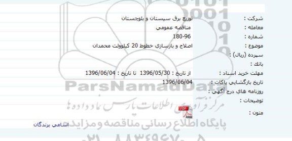 مناقصه عملیات اصلاح پایداری خطوط 20 کیلوولت محمدان 