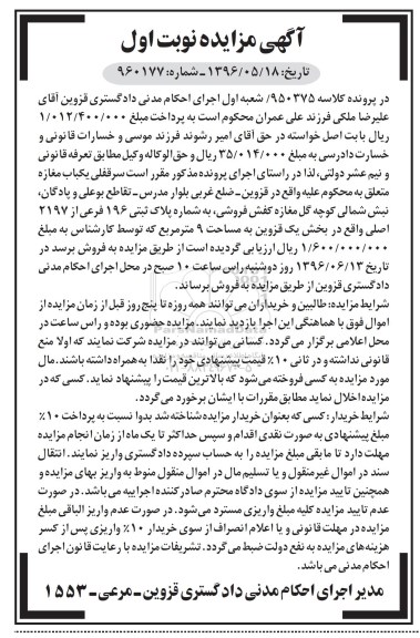 مزایده,مزایده سرقفلی مغازه به مساحت نه متر 