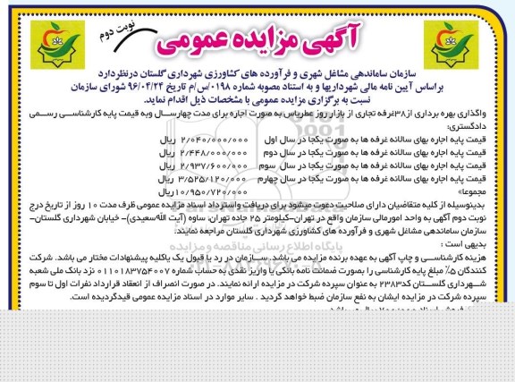 آگهی مزایده عمومی ، مزایده واگذاری بهره برداری از 38 غرفه تجاری نوبت دوم