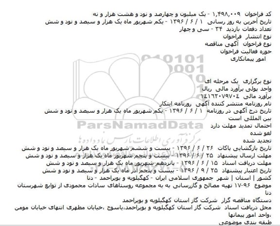 آگهی مناقصه, مناقصه تهیه مصالح و گازرسانی به مجموعه ....