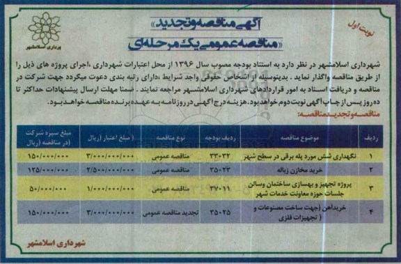 آگهی مناقصه و تجدید مناقصه ,تجدید مناقصه نگهداری شش مورد پله برقی در سطح شهر و ...
