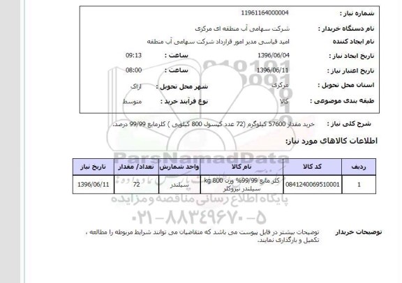 استعلام، استعلام خرید کلر مایع 99/99% 