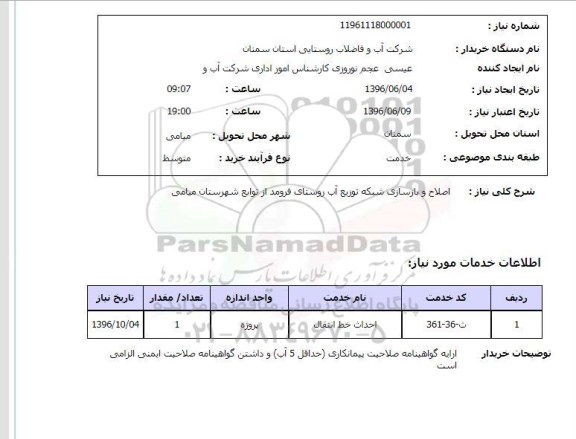 استعلام, استعلام اصلاح و بازسازی شبکه توزیع آب 