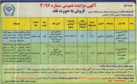 مزایده,مزایده املاک تملیکی مساحت 400 و 1012متر 