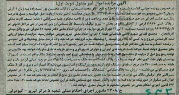 مزایده ملک مساحت عرصه 175.45متر نوبت اول