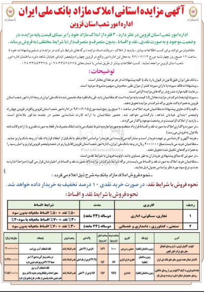 مزایده,مزایده فروش سه فقره از املاک مازاد نقد و اقساط 