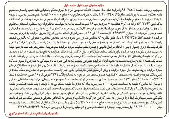 مزایده 15 سهم از 80 سهم دو دانگ از ششدانگ پلاک ثبتی