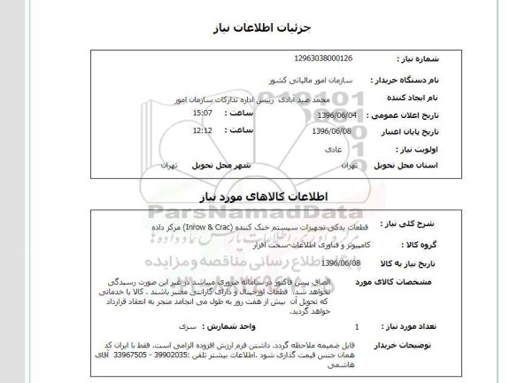 استعلام قطعات یدکی تجهیزات سیستم خنک کننده 