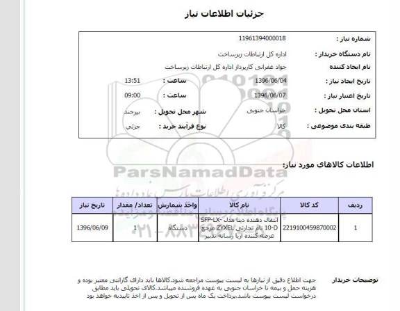 استعلام ، استعلام انتقال دهنده دیتا مدل SFP-LX