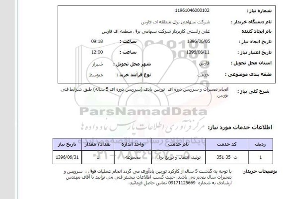 استعلام, استعلام  انجام تعمیرات و سرویس دوره ای توربین بادی