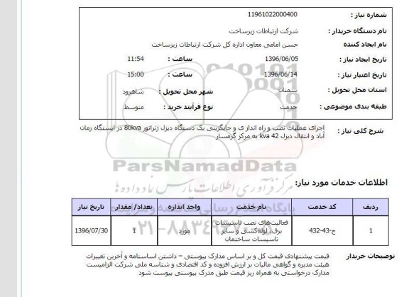 استعلام نصب و راه اندازی دیزل ژنراتور  963.6.5