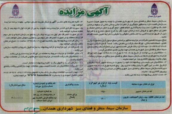 آگهی مزایده,مزایده واگذاری انجام قطع، جمع آوری و حمل درختان خشک و خطرزای سطح شهر 