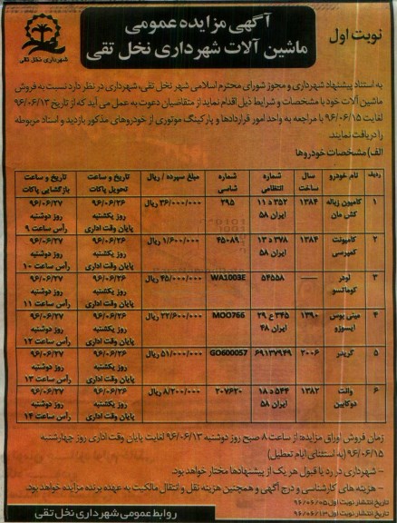 مزایده , مزایده فروش ماشین آلات نوبت اول 