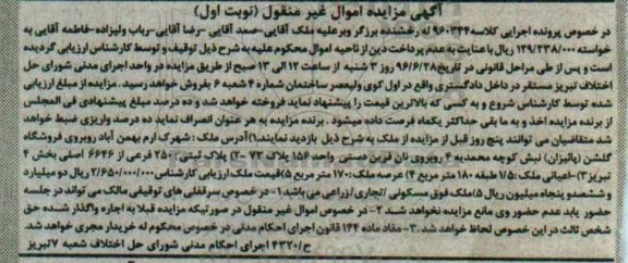 مزایده,مزایده پلاک ثبتی مساحت عرصه 170مترمربع نوبت اول 
