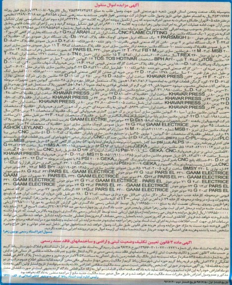 آگهی مزایده اموال منقول، مزایده یک دستگاه ماشین برش...