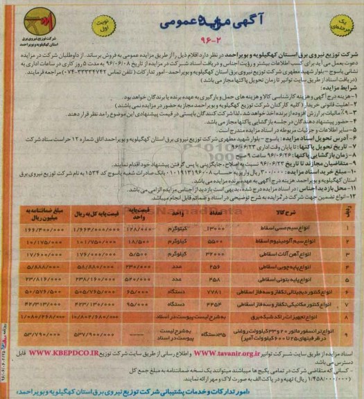 آگهی مزایده عمومی , مزایده انواع سیم مسی اسقاط...