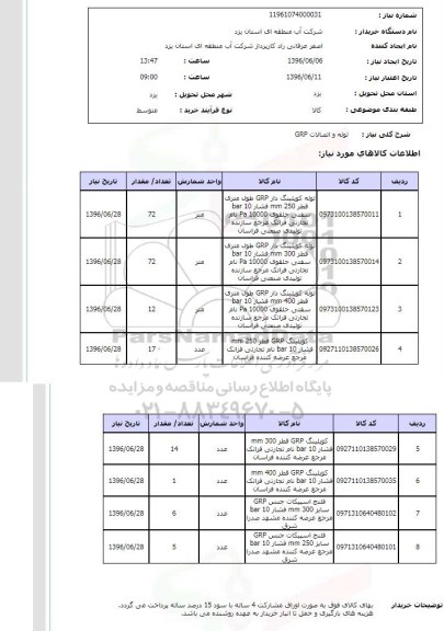 استعلام, استعلام لوله و اتصالات GRP 