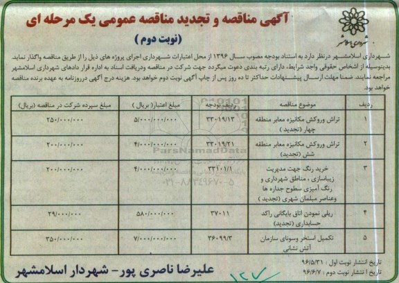 مناقصه و تجدید مناقصه , مناقصه و تجدید مناقصه تراش و روکش مکانیزه معابر منطقه چهار (تجدید)...نوبت دوم 