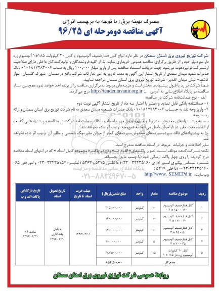 آگهی مناقصه دو مرحله ای , مناقصه انواع کابل فشار ضعیف آلومینیوم .....