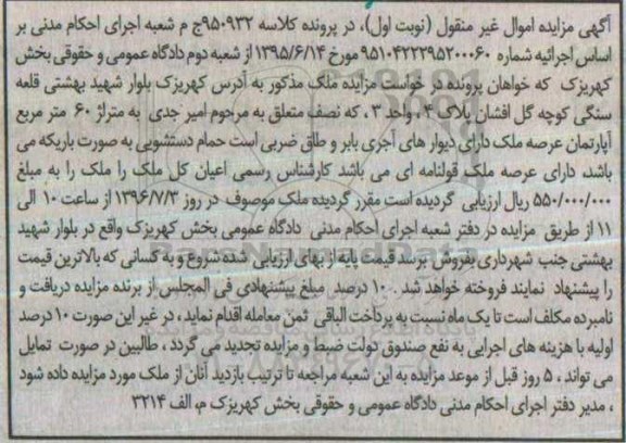 مزایده,مزایده ملک به مساحت شصت مترمربع نوبت اول