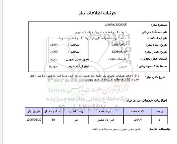 استعلام, استعلام اجرای عملیات حفاری یک حلقه چاه عمیق آب به روش ضربه ای به عمق 80 