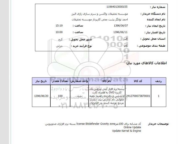 استعلام، استعلام بسته نرم افزار آنتی ویروس تک کاربره 