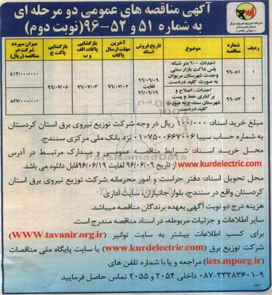 مناقصه عمومی, مناقصه احداث 600 متر شبکه باس داکت بازار سنتی - نوبت دوم 