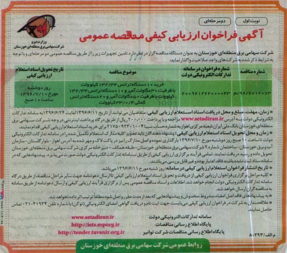 فراخوان ارزیابی کیفی خرید 10 دستگاه ترانس