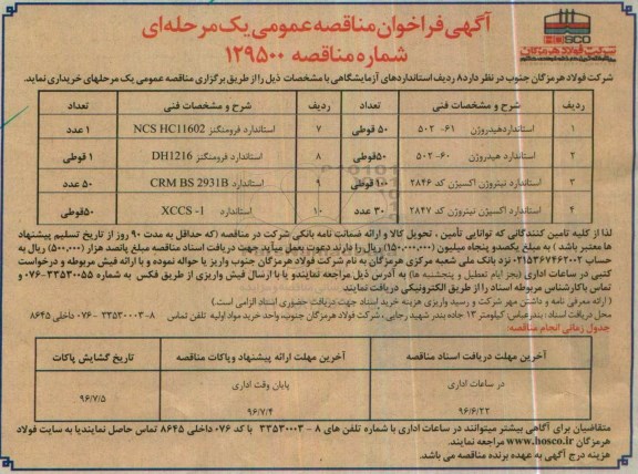 آگهی فراخوان مناقصه عمومی یک مرحله ای , فراخوان مناقصه 8 ردیف استانداردهای آزمایشگاهی