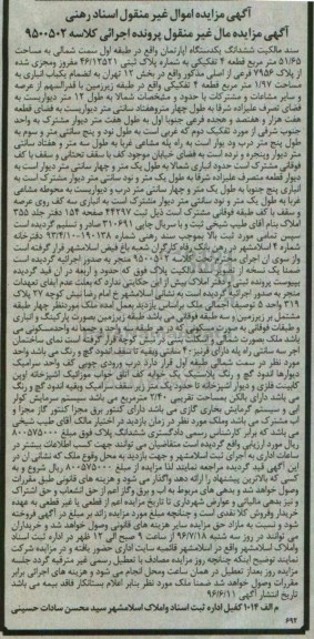 مزایده سند مالکیت ششدانگ آپارتمان 51.65متر