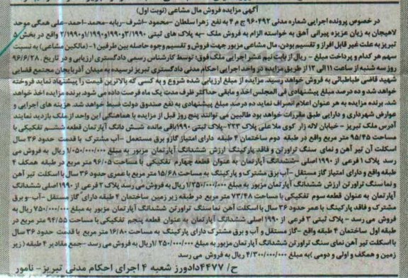 مزایده,مزایده ششدانگ اپارتمان قطعه ششم تفکیکی 95.45متر