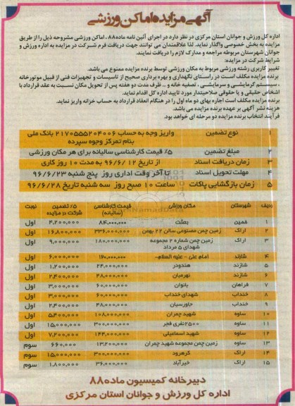 آگهی مزایده, مزایده اماکن ورزشی 